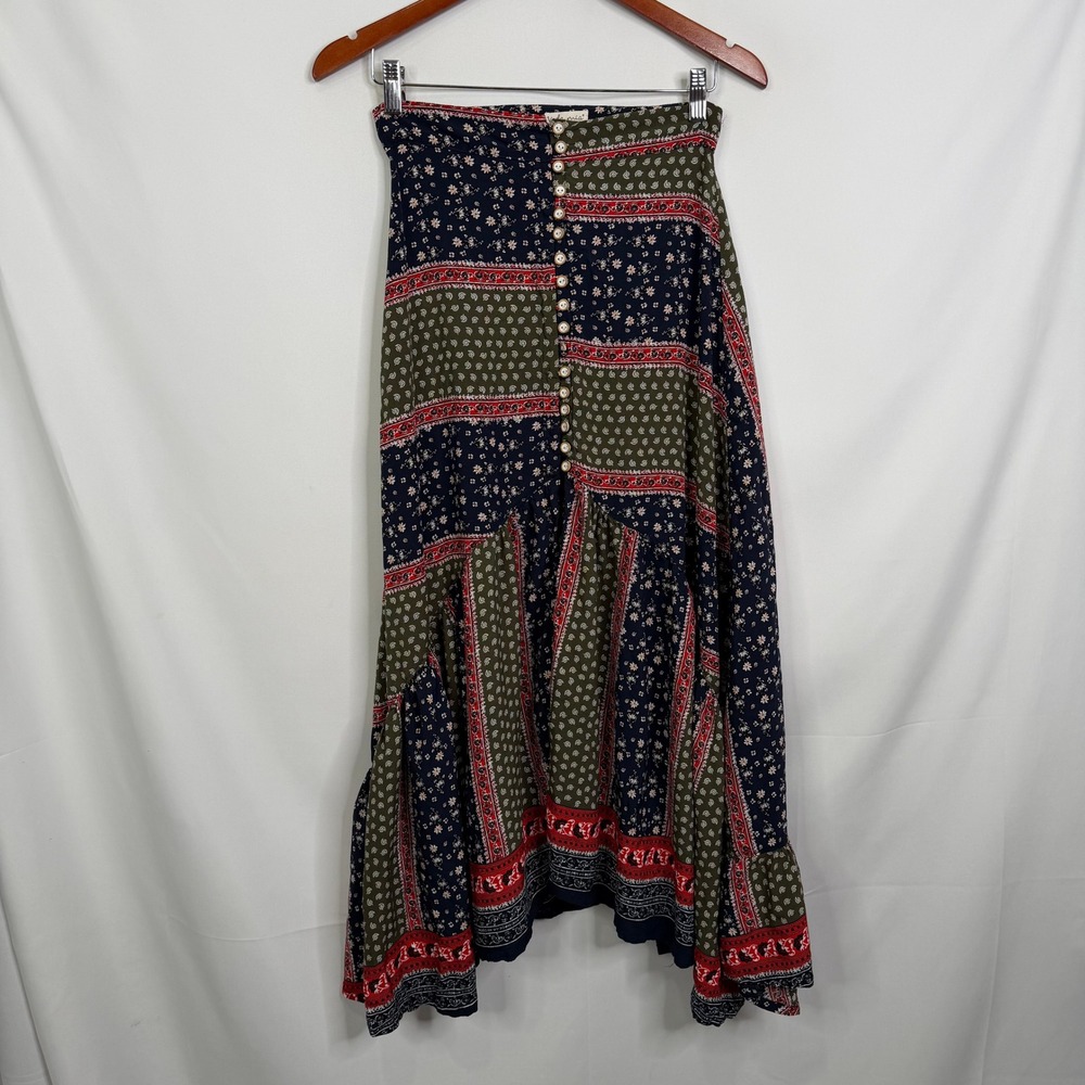Vida Mia Patchwork Maxi Skirt Boho Floral Paisley Button Front Asymmetrical S - Picture 7 of 7